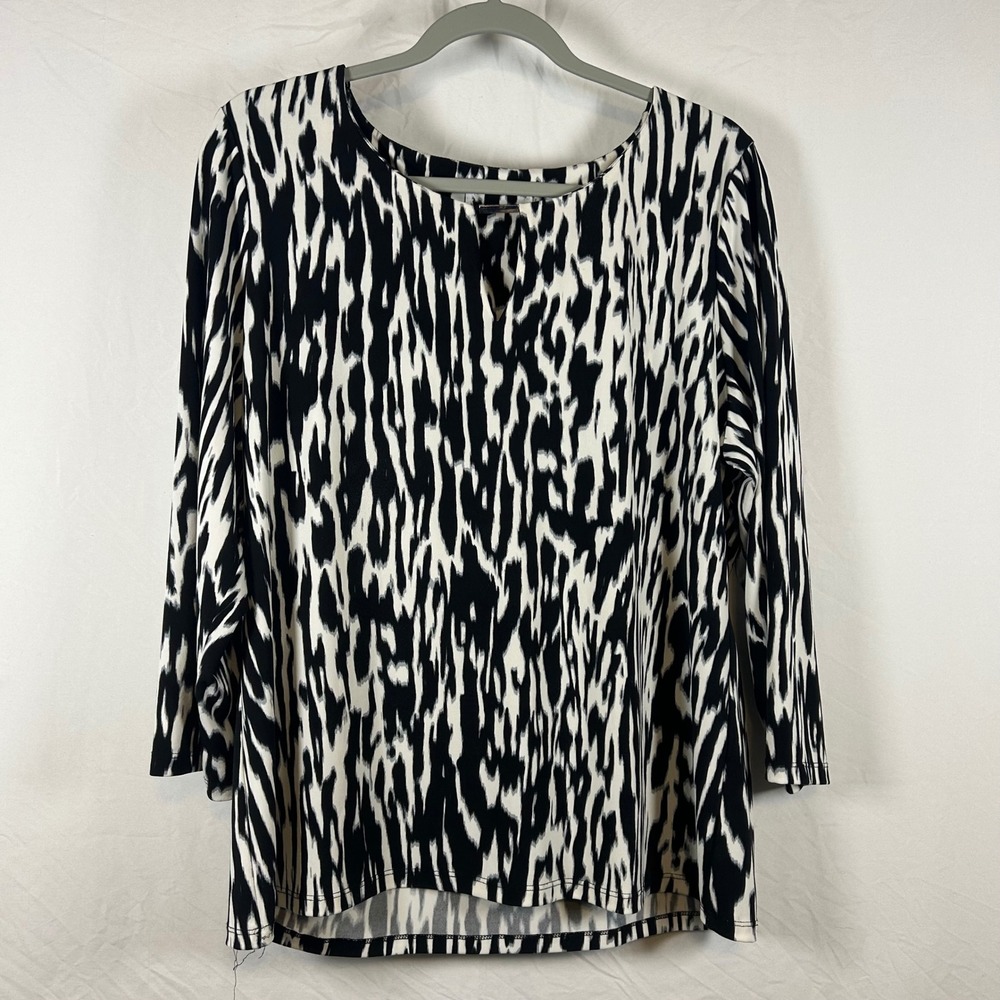 Calvin Klein‎ Womens XL Black White Abstract Animal Print Keyhole Blouse Top